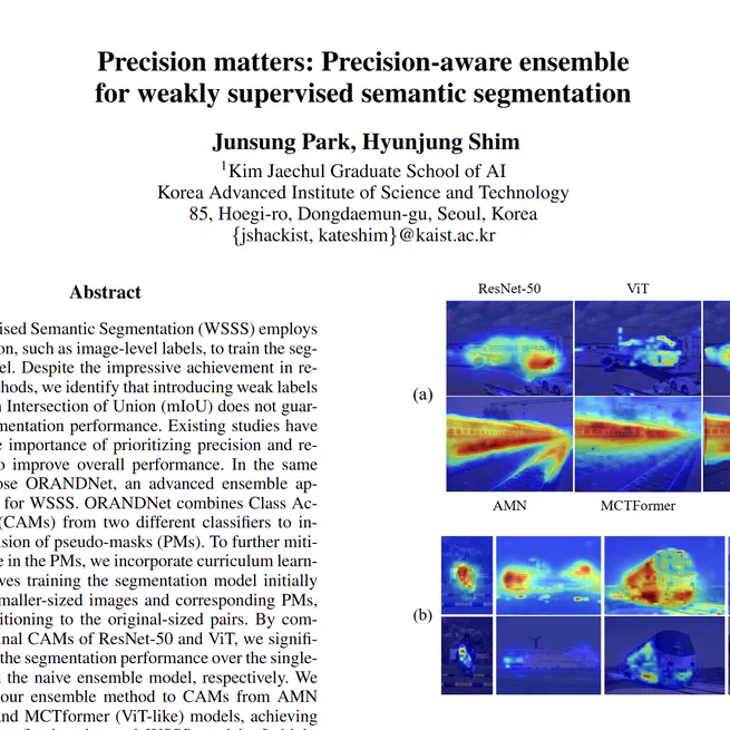 🎉🎉 My paper 'Precision matters: Precision-aware ensemble for weakly supervised semantic segmentation' accepted in AAAI 2024 Edge Intelligence Workshop Ⅲ! 🎉🎉