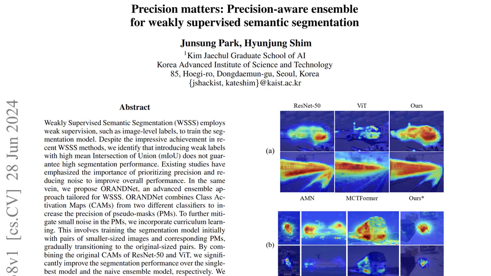 🎉🎉 My paper 'Precision matters: Precision-aware ensemble for weakly supervised semantic segmentation' accepted in AAAI 2024 Edge Intelligence Workshop Ⅲ! 🎉🎉