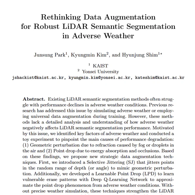 🎉🎉 My paper "Rethinking Data Augmentation for LiDAR Semantic Segmentation in Adverse Weather" accepted in ECCV 2024! 🎉🎉